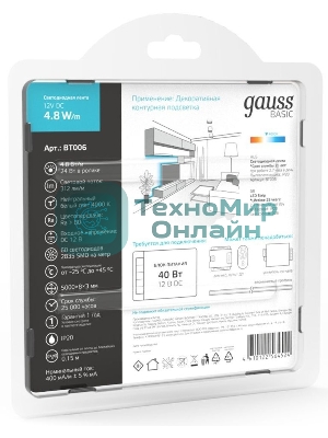 Лента светодиодная Basic Gauss 12V 4,8W/m 312lm/m 4000K IP20 LED 5m 1/100