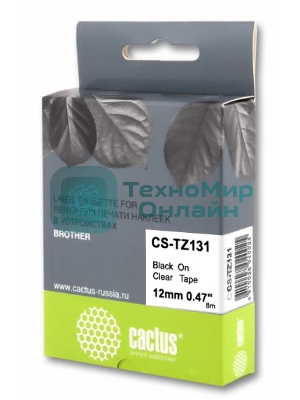 Картридж ленточный Cactus CS-TZ131 черный 12мм, черный шрифт, прозрачный фон, 8м для Brother 1010/1280/1830VP/7600VP