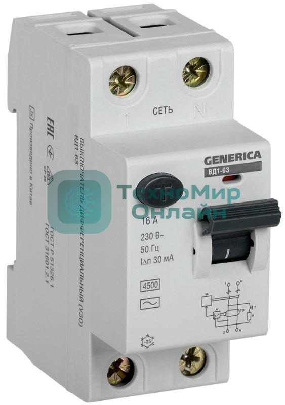 Выключатель дифференциального тока (УЗО) IEK MDV15-2-016-030 ВД1-63 2Р 16А 30мА GENERICA