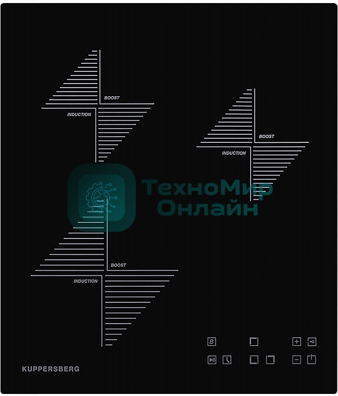 Индукционная варочная панель Kuppersberg ICO 402/ширина 45 см, 2 зоны 1,3 кВт(BOOSTER 1,5 кВт), 1 зона 2 кВт(BOOSTER 2,2 кВт),электронное сенсорное управление, 4 цифровых дисплев, 9 уровней мощности,автоматическое отключение,