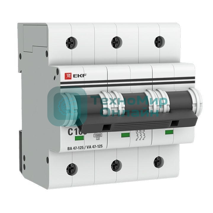Выключатель автоматический модульный 3п C 100А 15кА ВА 47-125 EKF mcb47125-3-100C
