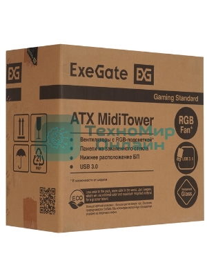 Компьютерный корпус Miditower ExeGate EVO-8243-EVO800 (ATX, БП EVO800RGb с вент. 12 см, 2хUSB+1хUSB 3.0, черный, 3 вент. с RGb подсветкой, боковая панель - закаленное стекло)