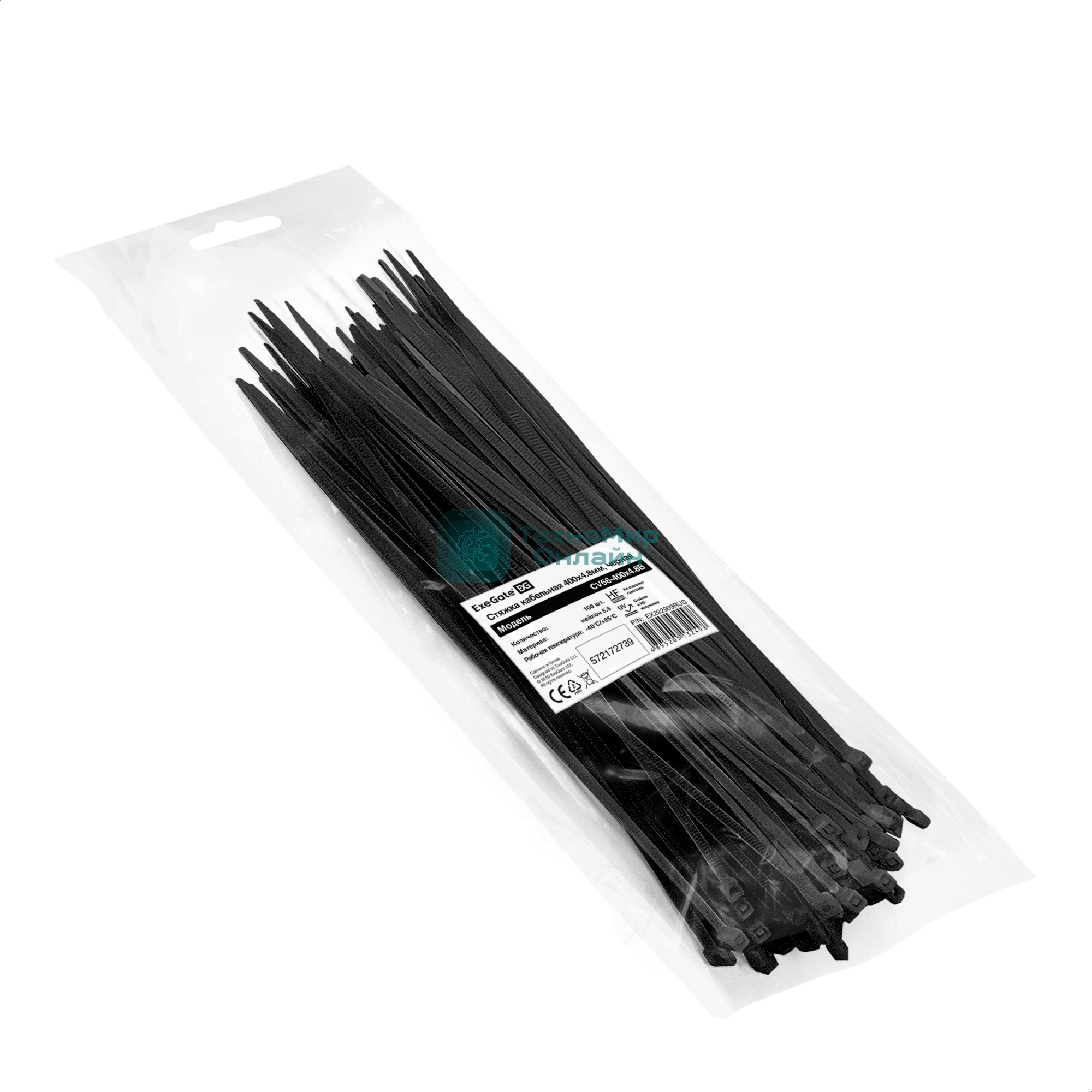 Стяжка (хомут) нейлоновая ExeGate CV66-400x4.8B (нейлон 6.6, 400x4.8 мм, неоткрывающаяся, halogen free, -40°C - +85°C, черная, 100 шт)