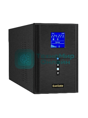 Источник бесперебойного питания (инвертор, синус, для котла) ExeGate SineTower SZ-2000.LCD.AVR.3SH.1C13.USB 2000VA/1600W, чистая синусоида, LCD дисплей, AVR, 3хSchuko+1хC13, USB, линейно-интерактивный, внешняя батарея 24В до 200А·ч, черный