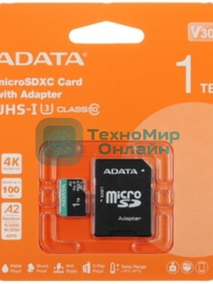 Флеш карта ADATA AUSDX1TUI3V30SA2-RA1, 1Tb microSDXC Class 10 UHS-I U3 V30S A2 100/80 MB/s (SD адаптер)