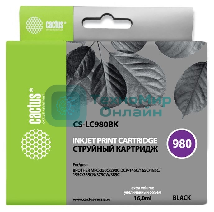 Картридж струйный Cactus CS-LC980BK черный (16 мл) для Brother DCP-145C/165C MFC-250C/290C