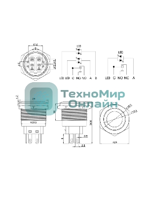 Кнопка антивандальная Rexant Ø22 12В Б/Фикс (5с) (ON)-OFF/(OFF)-ON подсв/синяя
