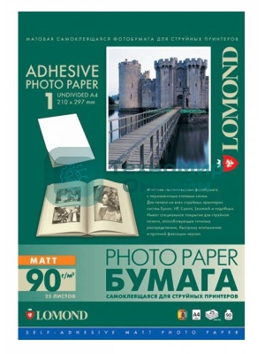 Самоклеящаяся фотобумага Lomond, матовая, A4, неделенная (210 x 297 мм), 90 г/м2, 25 листов.