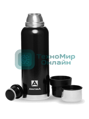 Термос Арктика 106-1200 черный, узкое горло 1,2 л, американский дизайн, антивандальное покрытие, две чашки, холод/тепло 32 ч