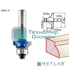 Фреза кромочная калевочная Зубр №1, D= 19мм, рабочая длина-7,4мм, радиус-3,2мм, хв.-8мм, d-12,7мм, Зубр Профессионал 28701-19