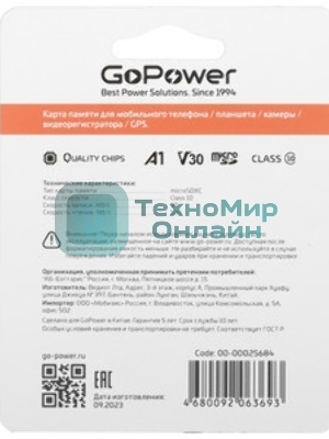 Флеш карта microSD GoPower 256Gb Class10 UHS-I (U3) 100 МБ/сек V30 без адаптера