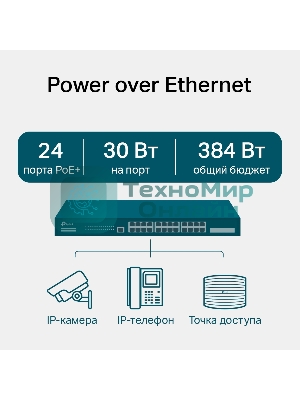 Коммутатор JetStream 28-port Gigabit L2+ Managed Switch with 24-port PoE+, PoE budget up to 384W, support SDN