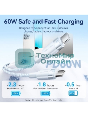 Кабель Vention USB 2.0 CM/CM - 1м. черный 3А PD60W