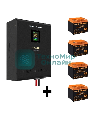 Комплект Источник бесперебойного питания EX296004RUS + батарея 40Aч EX282979RUS 4шт (инвертор, синус, для котла, настенный) ExeGate FineSine SX-5000.LCD.AVR.2SH.T <5000VA/3500W, чистая синусоида, цветной LCD-дисплей, AVR, 2*Schuko+клеммы, линейно-интерактивный, крепление настенное, черный> + батарея ExeGate HR 12-40 (12В, 40Ач) 4шт