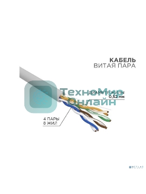 Кабель витая пара Rexant U/UTP, cat.5e, PVC, 4х2х0,52 мм, 24AWG, INDOOR, SOLID, серый, 305 м PRO