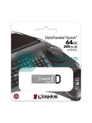 Флешка USB Kingston DataTraveler KYSON (DTKN/64GB), 64Gb, USB 3.2 Gen 1, R/W 200/60, серебристый/черный