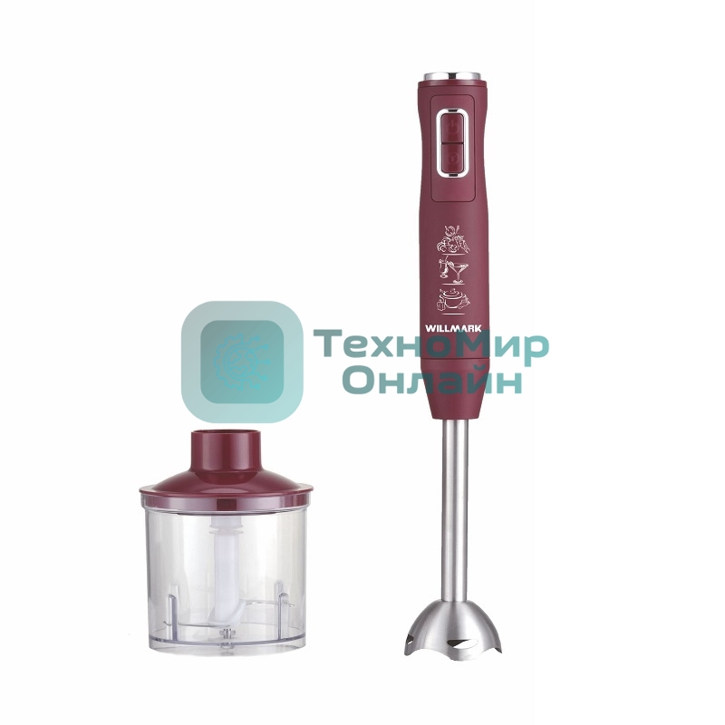 Блендер погружной Willmark WHB-1250PS (500Вт,рег.скор,турбо режим,Soft touch, измельчитель,бордовый)