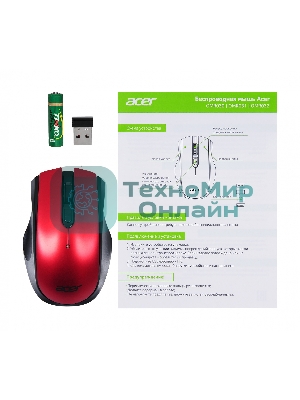 Мышь беспроводная Acer OMR032 черный/красный, 1600 dpi, радиоканал, USB, кнопки - 4