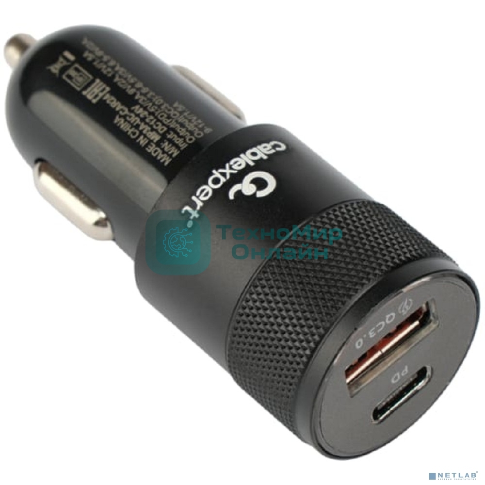 Автомобильное зарядное устройство Cablexpert MP3A-UC-CAR24, 38Вт, быстрая зарядка QC3.0/PD, 2 порта: USB и Type-C
