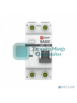 Выключатель автоматический дифференциального тока 1п+N C 25А 30мА тип АС эл. 4.5кА АД-12 Basic EKF DA12-25-30-bas