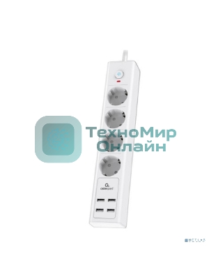 Сетевой фильтр Cablexpert Exnovo EXN-4-U4-W-2, 4 р, 16А, 4хUSB, 3.4A, 2 м, ур.защиты 4+, белый, коробка