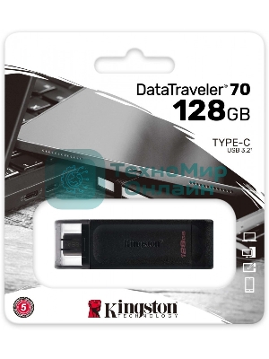 Флешка USB Kingston DataTraveler DT70 (DT70/128Gb), 128Gb, USB Type-C 3.2, R/W 70/45, черный