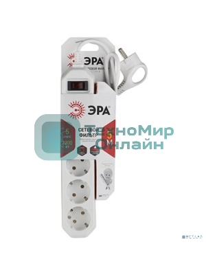 Сетевой фильтр ЭРА USF-5es-5m-W (белый) с заземл, 3x0,75 мм2, с выкл, 5 гн, 5 м защита от короткого замыкания, от перегрузки, от импульсных помех