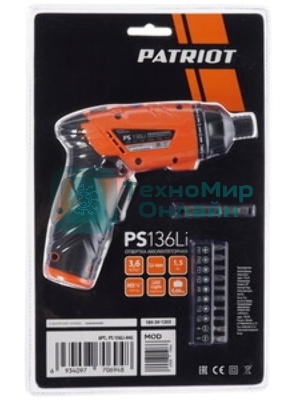 Отвертка аккумуляторная PATRIOT PS 136Li Li-Ion, 3.6 В/1,5 Ач, Реверс, 200 об/мин, 3,5 Нм, патрон: НЕХ 1/4