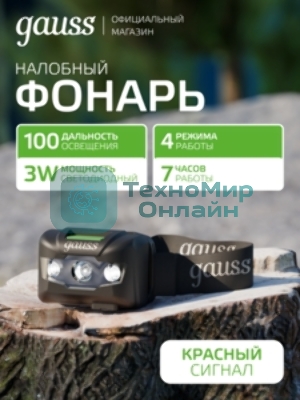 Фонарь налобный Gauss GFL405 черный 3Вт лам.:светодиодный (GF405)