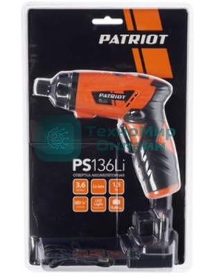 Отвертка аккумуляторная PATRIOT PS 136Li Li-Ion, 3.6 В/1,5 Ач, Реверс, 200 об/мин, 3,5 Нм, патрон: НЕХ 1/4