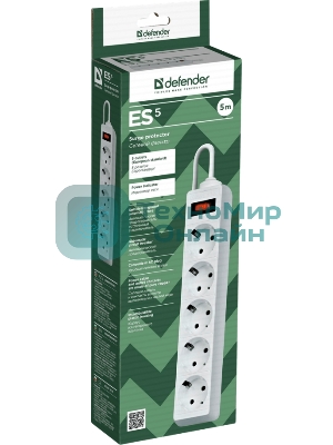Сетевой фильтр Defender ES, 5.0 м, 5 розеток белый