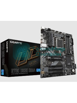 Материнская плата Gigabyte B760 DS3H DDR4, LGA 1700, Intel B760, 4xDDR4, 4xSATA, 2xM.2, 1xPCIe 4.0 x16, 4xPCIe 3.0 x1, 1xHDMI, 1xDP, 1x 1Gb LAN, 1xUSB 3.2 Gen 2, 1xUSB 3.2 Gen 2x2, 4xUSB 2.0, 3x3.5 мм, 7.1, ATX
