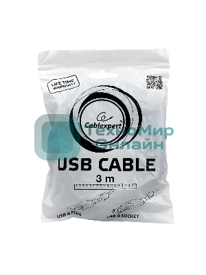 Кабель Gembird/Cablexpert USB 2.0 Pro AM/AF, 3м, экран, 2феррит.кольца, черный, пакет