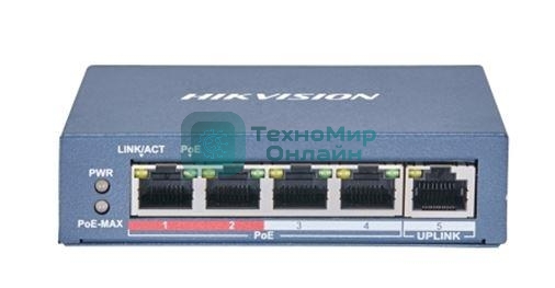 Коммутатор Hikvision DS-3E0105P-E(B) 4 RJ45 100M PoE с грозозащитой 6кВ, 2 порт с высоким приоритетом; 1 Uplink порт 100М Ethernet; бюджет PoE 60Вт; поддержка режима передачи до 250м,10Мб/с, CAT5e; таблица MAC а