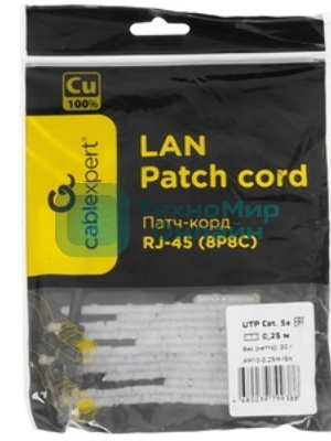 Патч-корд медный UTP Cablexpert PP10-0.25M/BK cat.5e, 0.25м, литой, многожильный, черный