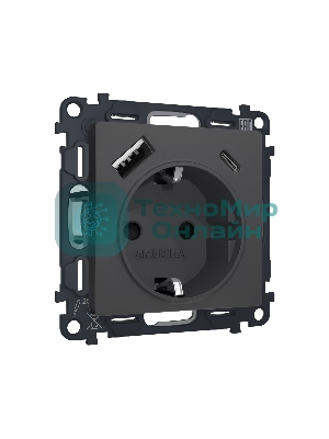 Комплект механизма электрической розетки ALFA Графит мягкое касание 2USB A+C 20W (быстрая зарядка) с/з QUANT (AP9100, VM160) MA910010