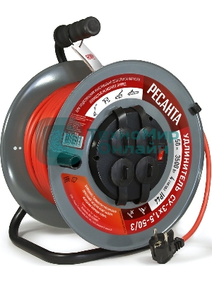 Удлинитель силовой Ресанта СУ-3х1,5-50/3 (61/118/8) 2x1.0кв.мм 4розет. 40м ПВС катушка серый