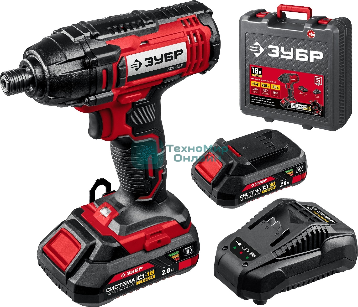 Винтоверт ЗУБР 18В, 2 АКБ (2Ач), в кейсе, ударный. ГВЛ-255-22