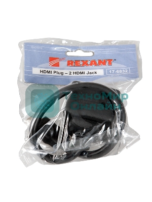 Переходник Rexant штекер HDMI - 2 гнезда HDMI с проводом, черный (10 шт./уп.)