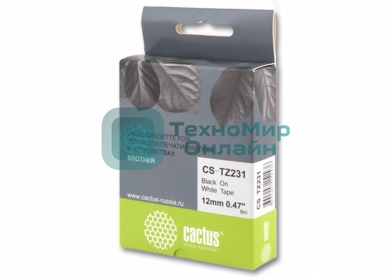 Картридж ленточный Cactus CS-TZ231 12 мм, 8 м, черный шрифт, белый фон, для BROTHER 1010/1280/1280VP/2700VP