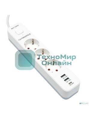 Сетевой фильтр Гарнизон EPS-3-CU2-W-2 2.0 Мультипорт 3 р, 10А, 1xType-C PD, 2 х USB QC, 2 м, ур.защиты 2+, белый, пак (21448)