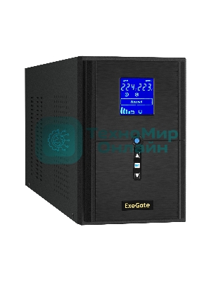 Источник бесперебойного питания (инвертор, синус, для котла) ExeGate SineTower SN-2000.LCD.AVR.3SH.1C13.RJ.USB 2000VA/1600W, чистая синусоида, LCD дисплей, AVR, 3*Schuko+1*C13, RJ45/11, USB, линейно-интерактивный, черный