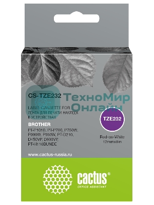 Картридж ленточный Cactus CS-TZE232 TZe-232 красный шрифт, белый фон (12 мм, 8 м) для Brother PT-P1010, PT-P700, P750W, P900W, P950W, PT-D210, D450VP, D600VP, PT-H110BUNDE
