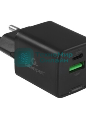 Зарядное устройство Cablexpert MP3A-PC-62, 20Вт GaN, 3А, QC4.0/PD, 1xUSB, 1xType-C, черный, пакет