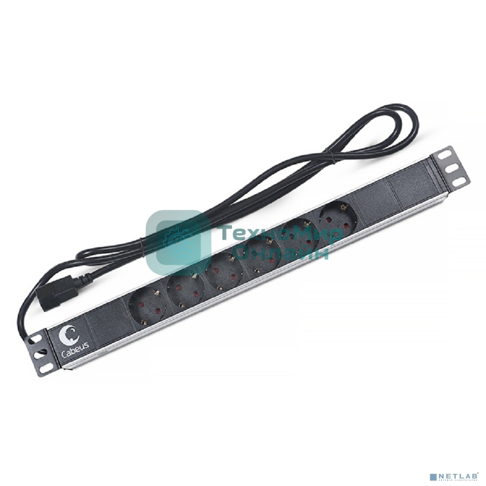 Блок силовых розеток Cabeus, Shuko х 6, вход IEC 320 C14, для шкафов, шнур 2 м, 50х490х50 мм (ВхШхГ), 10А, черный