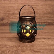 Декоративный фонарь со свечкой, плетеный корпус, бронза, размер 14х14х16,5 см, цвет теплый белый