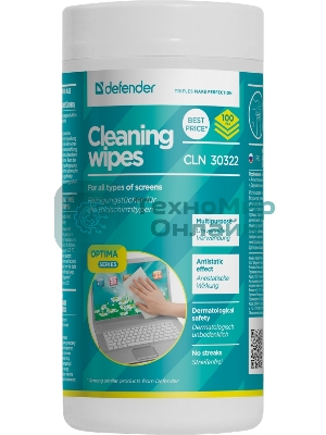 Чистящие салфетки Defender для экранов всех типов/нетканый материал/антистатик/туба/100 шт/Россия.