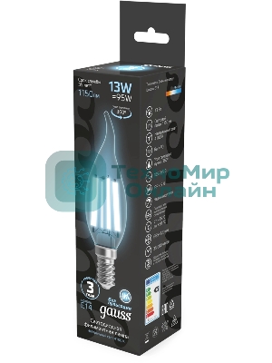 Лампа светодиодная филаментная Gauss Filament 13Вт цок.: E14 свеча св. свеч. бел. нейт. (упак.: 10 шт)