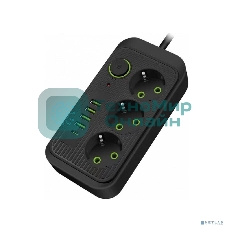 Сетевой удлинитель Amper 4,0 м, 3 розетки, 3*0,75мм, 10А, 2500 Вт, 4usb, 1Type-C, черный.