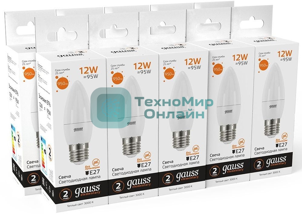 Лампа светодиодная Gauss Elementary 30212 12Вт цок.: E27 свеча 220B 3000K св. свеч. белый теп. (упак.: 10 шт)